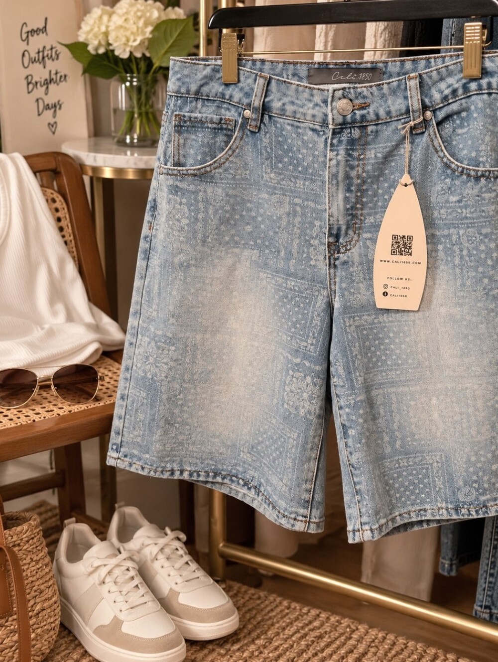 Cali 1850 Tiffany Bandana Print Relaxed Denim Bermuda Shorts | 11/30 NWT
